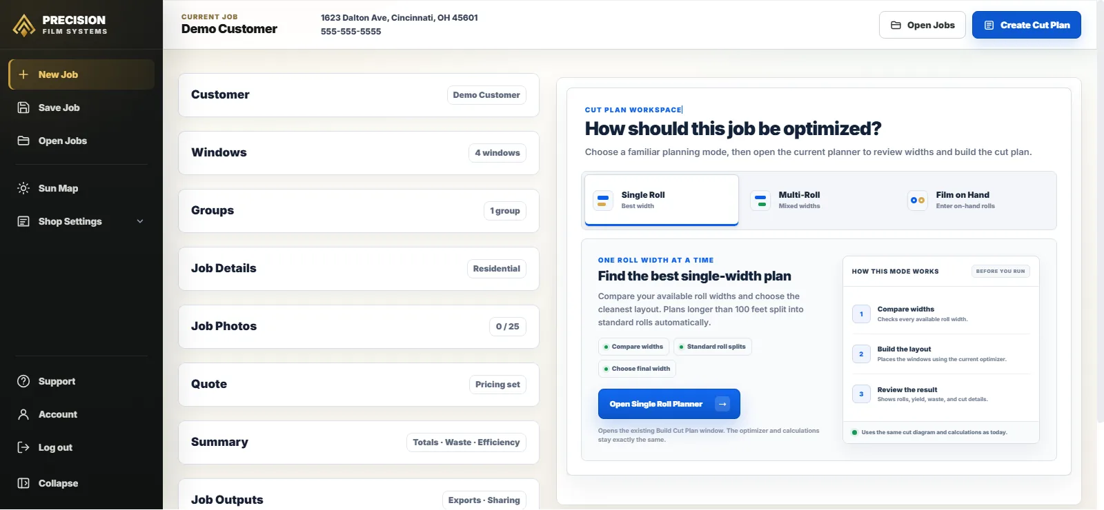 Precision Film Systems measured flat-glass job workspace
