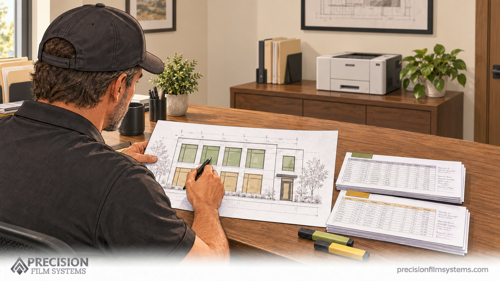 Illustration of an estimator matching a marked building elevation to window schedules grouped by floor.